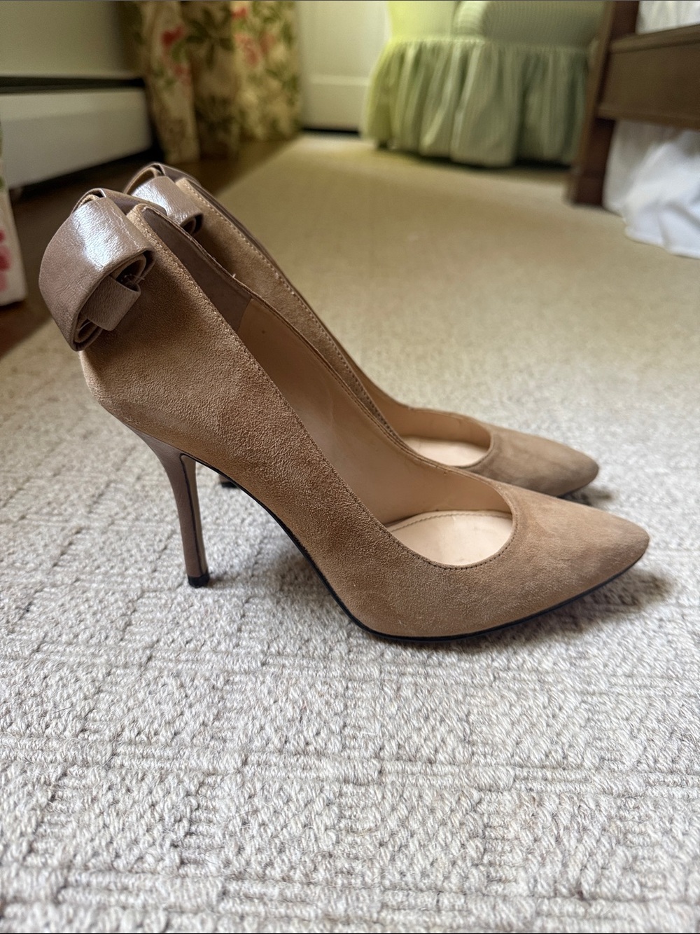 Enzo Angiolini Taupe Suede Pointed-Toe Heels with Back Bow